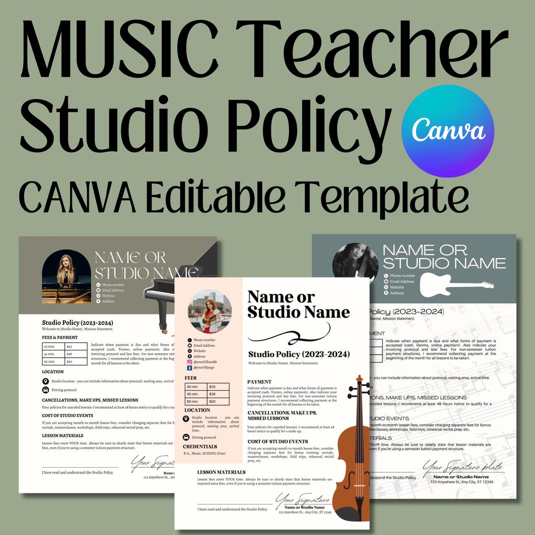 3 Music Teacher Studio Policy Canva Template, Music Teaching Business ...