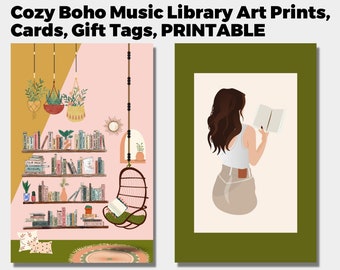 Cozy Boho Music Library ART Prints, CARDS, GIFT Tags, Music Teacher, Musician, Academic, Girl Reading, Wall Decor, Xmas Tags, Cute Card