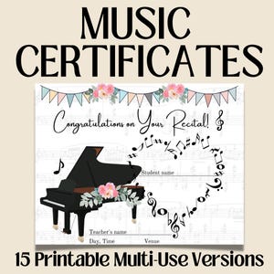 15 Printable Music AWARDS, Piano Recital, Violin Recital, Multi-Use Music Certificates, Music Teacher, Music Student, Piano Studio
