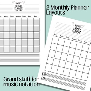 May include: Two-page spread of a music planner with a monthly layout. Each page features a grid for scheduling, with days of the week across the top. The top of each page has the text "Monthly Music Planner". The bottom of each page has a grand staff for music notation.