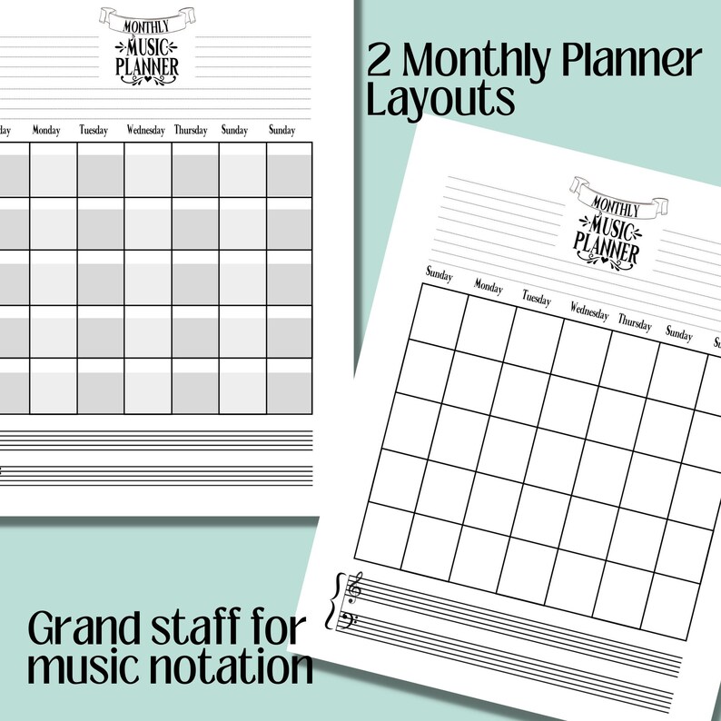 May include: Two-page spread of a music planner with a monthly layout. Each page features a grid for scheduling, with days of the week across the top. The top of each page has the text "Monthly Music Planner". The bottom of each page has a grand staff for music notation.