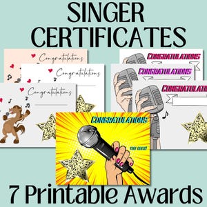 7 MUSIC CERTIFICATE Printable Singer, Award, Achievement, Music Student, Vocalist, Music Teacher