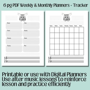 May include: Two white printable music planners. One is a weekly planner with days of the week listed. The other is a monthly planner with a calendar grid. Both have musical notes and text that reads "Weekly Music Planner" and "Monthly Music Planner". The text at the bottom reads "Printable or use with Digital Planners".