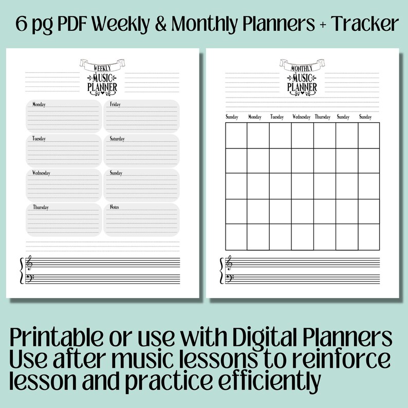 May include: Two white printable music planners. One is a weekly planner with days of the week listed. The other is a monthly planner with a calendar grid. Both have musical notes and text that reads "Weekly Music Planner" and "Monthly Music Planner". The text at the bottom reads "Printable or use with Digital Planners".
