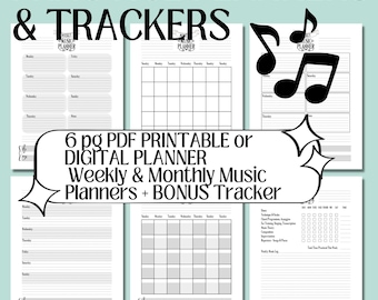 May include: A collection of printable music practice planners and trackers. The design includes weekly and monthly layouts, musical notes, and the text "Practice Planners & Trackers" and "6 pg PDF Printable or Digital Planner Weekly & Monthly Music Planners + BONUS Tracker."