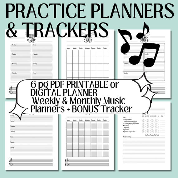 6 Weekly & Monthly Planner PRINTABLE, Digital Planner, GoodNotes, Music Teacher, Tracker, Music Practice Log