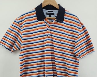 Tommy Hilfiger Polo Golf Shirt Vintage Y2K Striped Casual Clothing | Men's Size Large L | Tommy Jeans Orange Blue White 00s