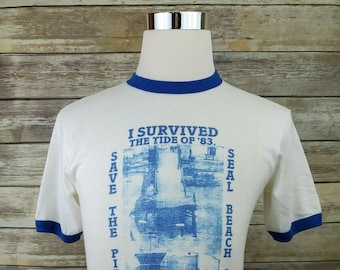Seal Beach California Rare Ringer 80s Hanes 1983 Thin Shirt | Adult Size Medium 38-40 | Vintage 1980s USA