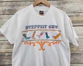 Cowboy Boots Shirt Steppin' Out Line Dance 1980s White 50/50 Tee | Adult Size Large L | Vintage 80s USA Western Theme
