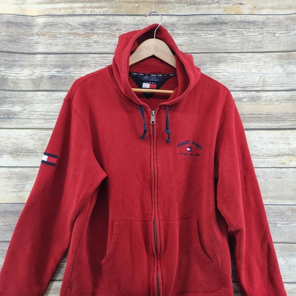 Tommy Hilfiger 90s TOMMY JEANS Hip Hop Red Zip Hoodie Sweatshirt Adult Medium M