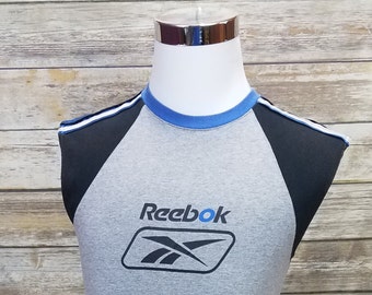 Reebok Tank Top Striped Sleeveless Shirt | Black Blue Gray White | Stitched Shoulders Men's Size Large L | Vintage Jersey Throwback