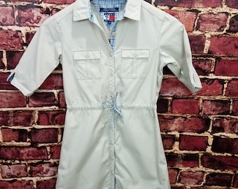 Tommy Hilfiger 90s TOMMY JEANS Girl Kahki Safari Dress | Youth Size Medium 7 | 1990s Old School Style | Tommy Girl Color Block Star