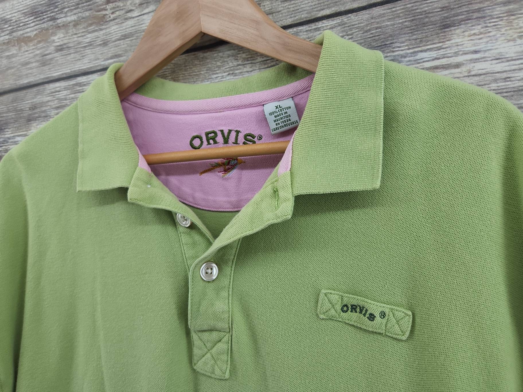 Orvis VINTAGE Fishing Cotton Green Embroidered Rugby Polo Shirt Men's Size  XL 