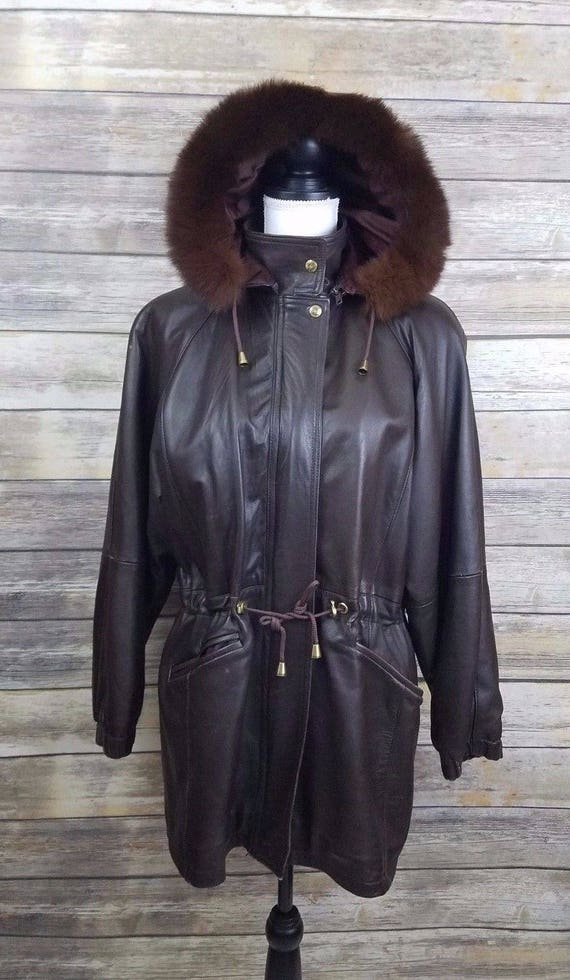 Images By Dame Brown Leather Coat Fox Fur Trim Hooded Image 0
