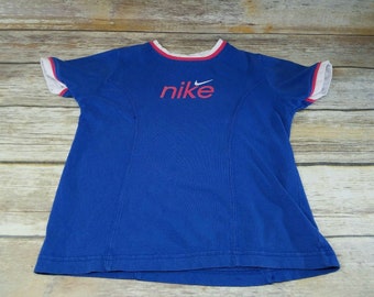 Nike Sportswear Vintage 80s 90s RARE Blue Felt Swoosh Shirt Toddler Size 6X USA