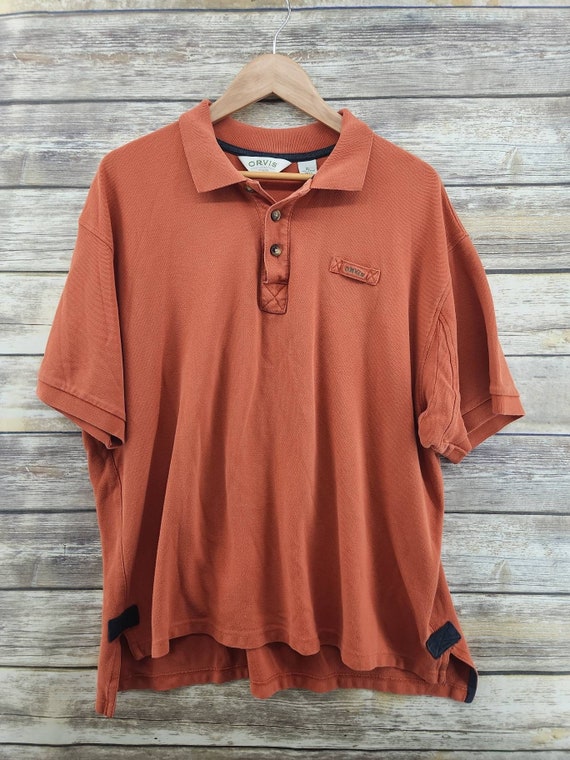 Orvis VINTAGE Fishing Cotton Orange Embroidered Rugby Polo Shirt Men's Size  XL 