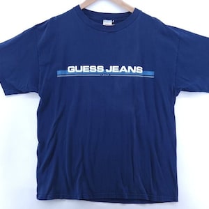 Guess Jeans Shirt ? Vintage 1990s Short Sleeve Spell Out USA Blue | Adult Size L | Vintage 90s Clothing