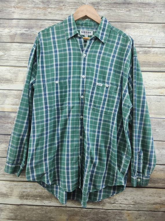 GUESS ? Vtg 1980s Pocket Plaid Long Sleeve Button 