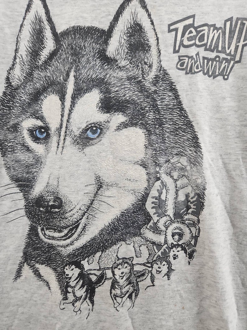 May include: A gray t-shirt with a black and white illustration of a husky dog pulling a sled. The text "Team Up and Win!" is printed on the shirt.