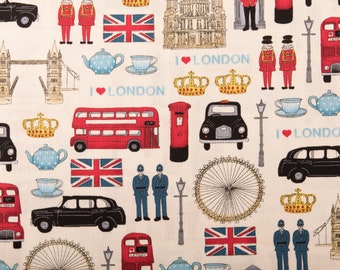 Cheap New Remnants Offcut Fabric Polycotton LONDON RED BUS BUNTING