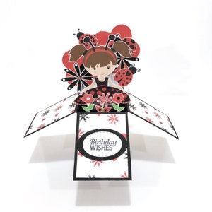 May include: A pop-up card with a ladybug girl in a red and black dress surrounded by flowers and ladybugs. The card is open and the inside reads "Birthday Wishes".
