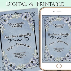 Corpse Bride Wedding Invitation | Digital or Printable Invitation | Tim Burton Style Invitation With Dusty Blue Roses