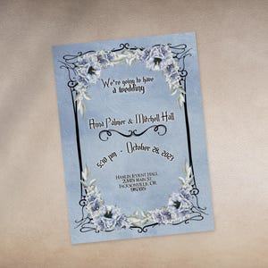 Invitación de boda azul polvoriento inspirada en La novia cadáver para bodas góticas / Digital e imprimible