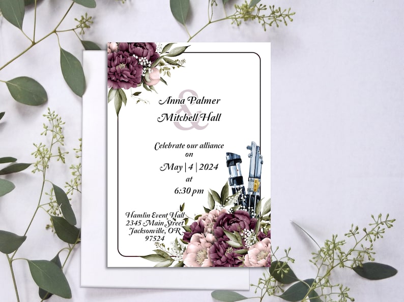 Puede incluir: Una invitaci&oacute;n de boda con un dise&ntilde;o floral en tonos rosa y morado. La invitaci&oacute;n presenta los nombres "Anna Palmer" y "Mitchell Hall" y la fecha "4 de mayo de 2024".