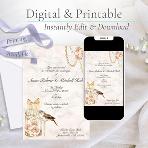 Vintage Wedding Invitation with Birds and Pearls | Digital or Printable Invitation | Romantic Pearl and Rose Wedding Announcement