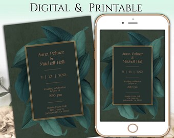 Elegant Tropical Leaves Wedding Invitation | Digital or Printable Invitation | Green and Gold Wedding Announcement