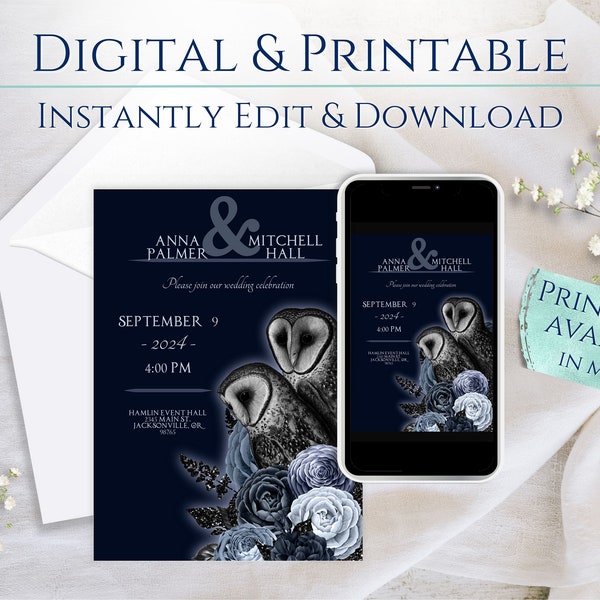 Navy Blue Owl Wedding Invitation | Digital or Printable Invitation - Gothic Owl Wedding Announcement, Owl Wedding Invitation