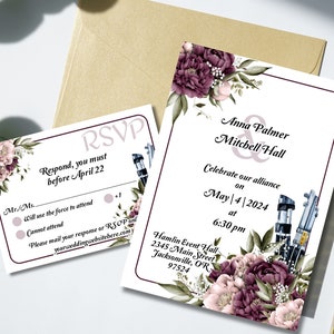 Puede incluir: Invitaci&oacute;n de boda con un dise&ntilde;o floral en tonos rosa y morado. La invitaci&oacute;n presenta un tema de Star Wars con sables de luz y el texto "Anna Palmer & Mitchell Hall" y "Celebremos nuestra alianza el 4 de mayo de 2024 a las 6:30 pm". La invitaci&oacute;n tambi&eacute;n incluye la ubicaci&oacute;n y la direcci&oacute;n: "Hamlin Event Hall 2345 Main Street Jacksonville, OR 97524".
