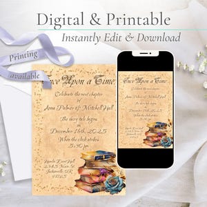 Fairy Tale Books Wedding Invitation | Digital or Printable Invitation - Beauty and the Beast Wedding Announcement, Book Wedding Invitation