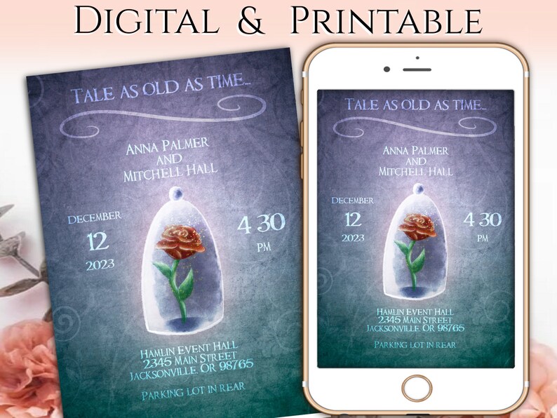 Beauty and the Beast Wedding Invitation Digital or Printable Invitation Enchanted Rose Invitation