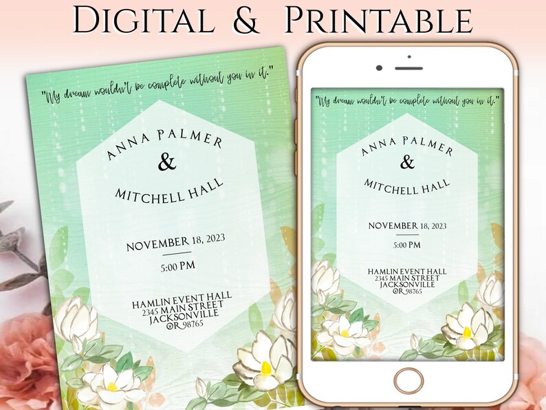 Fireflies Magnolias Wedding Invitation Digital or Printable Invitation Princess and the Frog Wedding Announcement