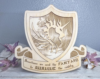 Fantasy Wall Plaque Engraved with Quote | Skeleton Unicorn Art | Gothic Layered Sign