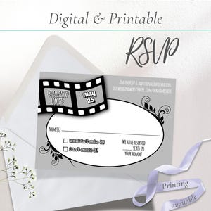 Vintage film cartoon digitale RSVP-kaart | Digitale of afdrukbare kaartsjabloon bruiloft Response
