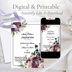 Puede incluir: Plantilla de invitaci&oacute;n de boda imprimible con un dise&ntilde;o floral en tonos morados y rosas. El texto dice "Anna Palmer & Mitchell Hall Celebramos nuestra alianza el 4 de mayo de 2024 a las 6:30 pm Hamlin Event Hall 2345 Main Street Jacksonville, OR 97524".