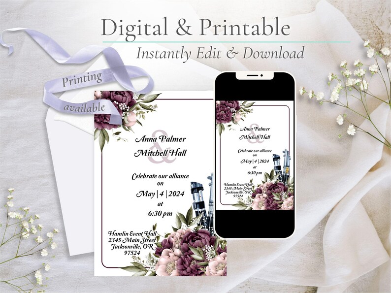 Puede incluir: Plantilla de invitaci&oacute;n de boda imprimible con un dise&ntilde;o floral en tonos morados y rosas. El texto dice "Anna Palmer & Mitchell Hall Celebramos nuestra alianza el 4 de mayo de 2024 a las 6:30 pm Hamlin Event Hall 2345 Main Street Jacksonville, OR 97524".
