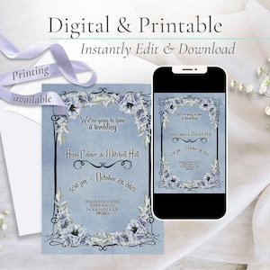 Corpse Bride Wedding Invitation | Digital or Printable Invitation | Tim Burton Style Invitation With Dusty Blue Roses