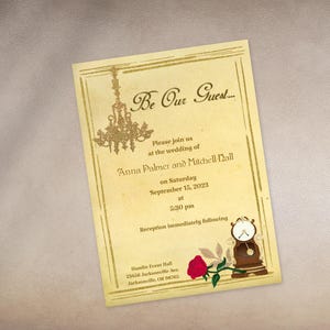 Plantilla de invitación para bodas o cumpleaños de La Bella y la Bestia / Digital e imprimible