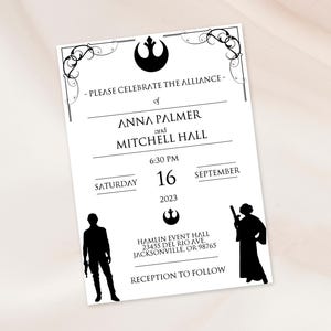 Invitación de boda de pareja rebelde inspirada en Star Wars para bodas de ciencia ficción y el 4 de mayo