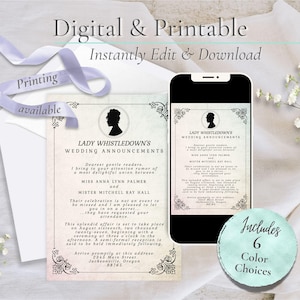 Lady Whistledown Bridgerton Wedding Invitation | Digital or Printable Invitation - Bridgerton Wedding Vintage Invitation