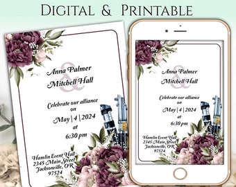 Floral Invitation for Star Wars Wedding Themes | Digital or Printable Invitation - Light Saber Wedding invitations