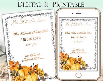 Fall Pumpkin Wedding Invitation | Digital or Printable Invitation for Autumn Weddings | Halloween Invitations