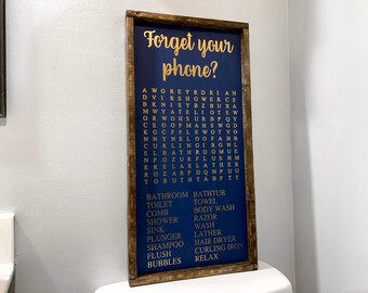 Bathroom word seaech sign, bathroom decor, forget your phone sign, word search