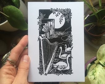 The Bonny Swans- Linocut Greetings Card