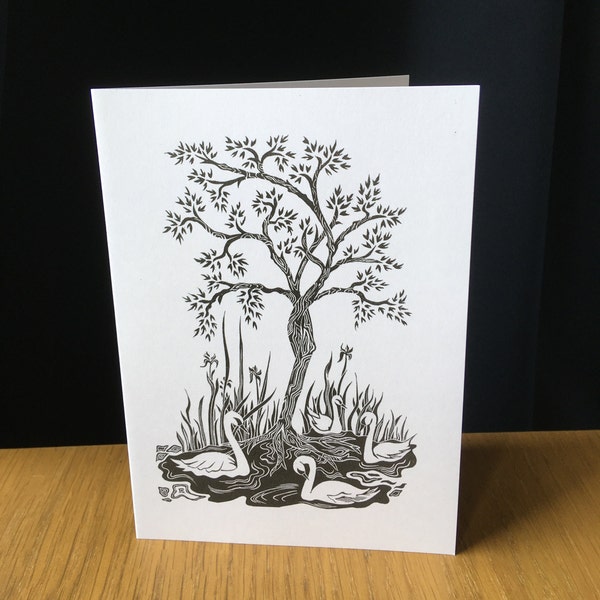 Swans And The Hawthorn Tree- Linocut Greetings Card