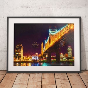 Roosevelt Island schilderij afdrukken, New York City nacht schilderij van Queensboro Bridge afdrukken,