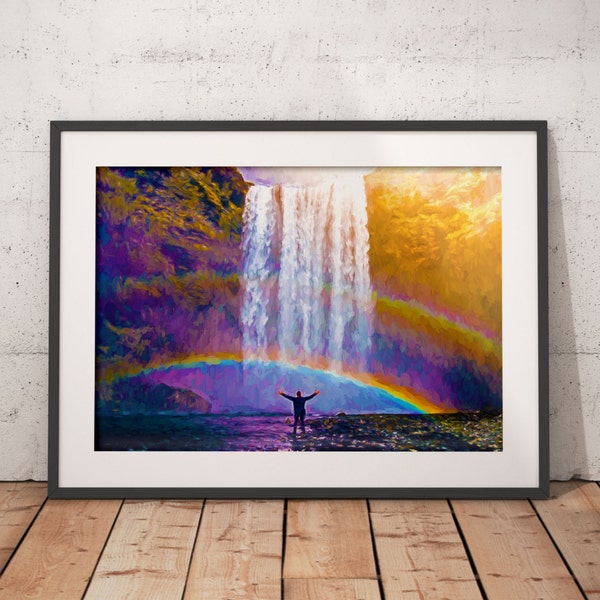 Iceland Waterfall Painting Print, Skogarfoss painting, Iceland wall art, rainbow painting, inspirational art, natural beauty, Iceland print